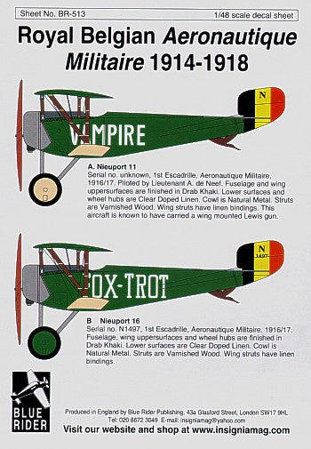 Blue Rider BR513 1:48 Belgian Air Force WWI Nieuport N.16 & N.11