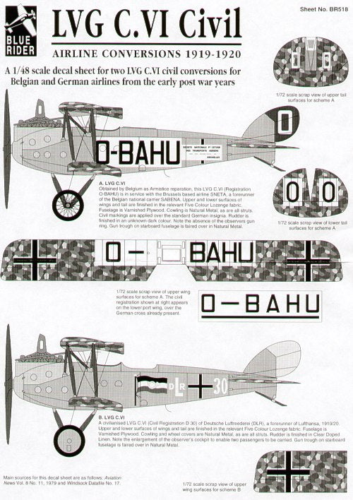 Blue Rider BR518 1:48 LVG C.VI Belgian and German Civil Airlines 1919-1920