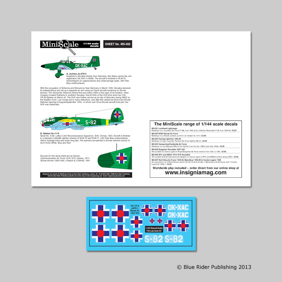 Blue Rider BRMS002 1:144 Slovak AF Ju-87D-1 & He-111H Decals
