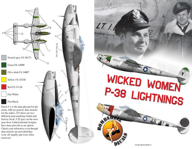 Bombshell BS72018 1:72 Lockheed P-38J Lightning Decals