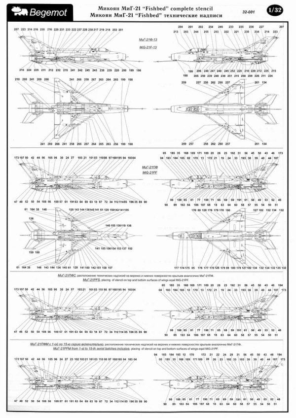 Begemot BT32001 1:32 Mikoyan MiG-21 Stencil Data