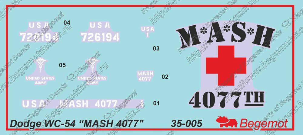 Begemot BT35-005 1:35 Dodge WC-54 MASH-4077 Ambulance Decals
