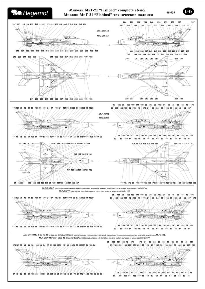 Begemot BT48003 1:48 Mikoyan MiG-21 Fishbed complete stencil data