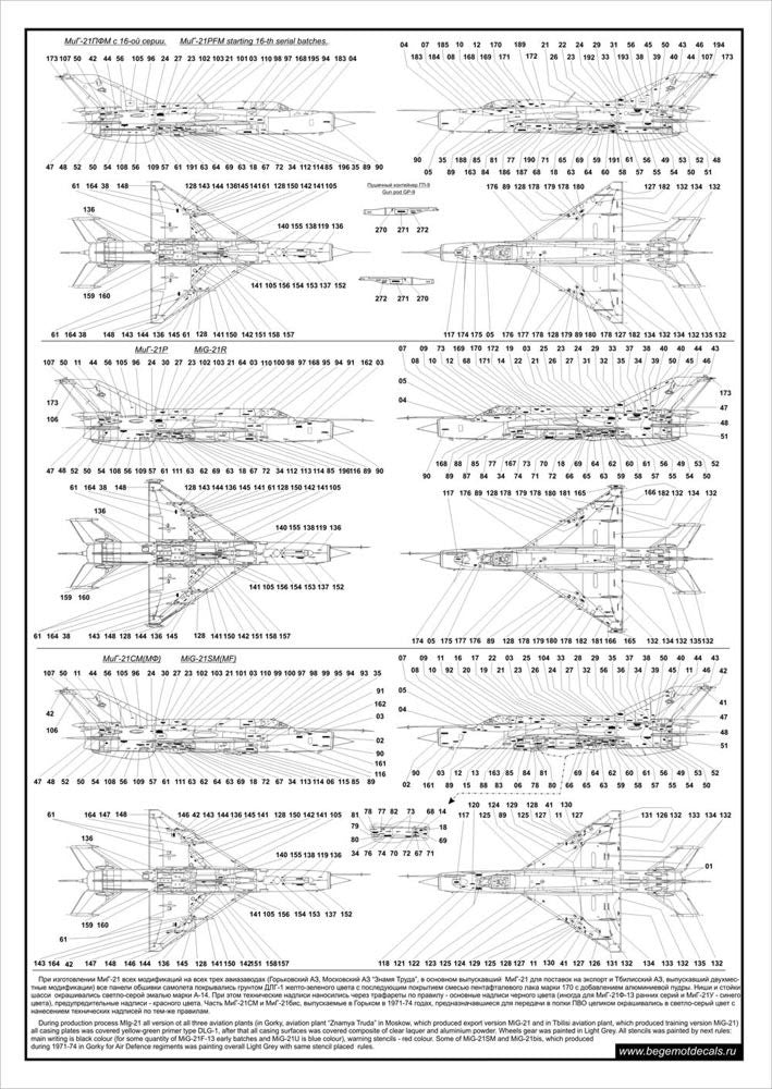 Begemot BT48003 1:48 Mikoyan MiG-21 Fishbed complete stencil data
