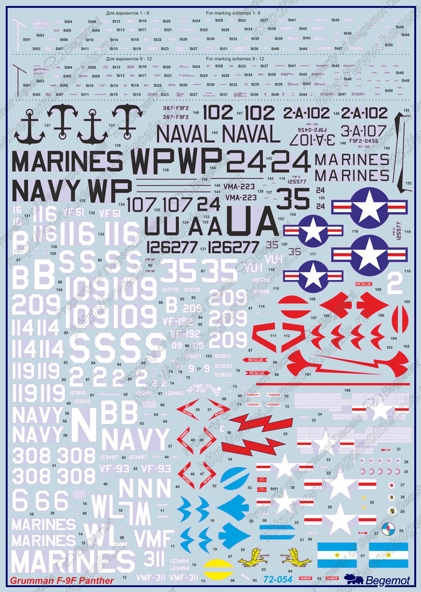 Begemot BT72054 1:72 Grumman F9F Panther Decal Set
