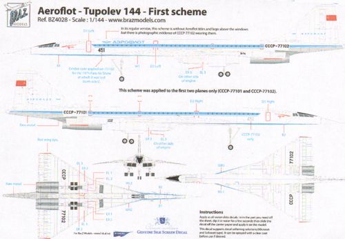 Bra.Z Models BZD410 1:144 Tupolev Tu-144 Aeroflot CCCP-77101/77102 First Scheme