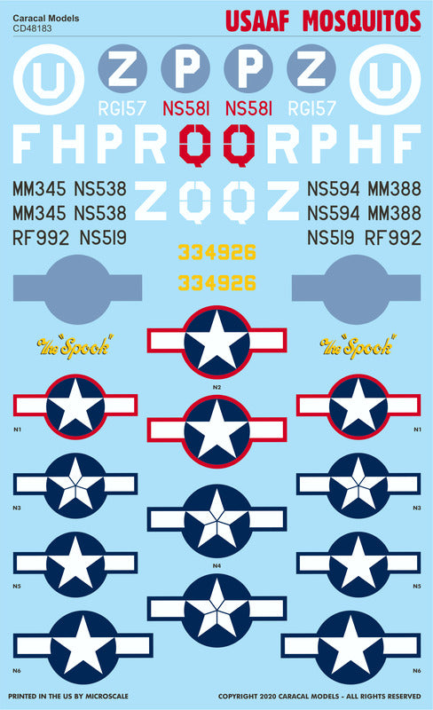 Caracal CD48183 1:48 USAAF Mosquito WWII Service Decals