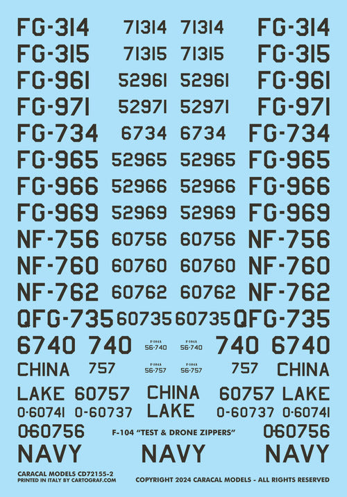 Caracal CD72155 1:72 Lockheed F-104 Test & Drone Zipper Decals