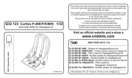 CMK CMQ32123 1:32 Curtiss P-40E Kittyhawk/Warhawk seat & gunsight