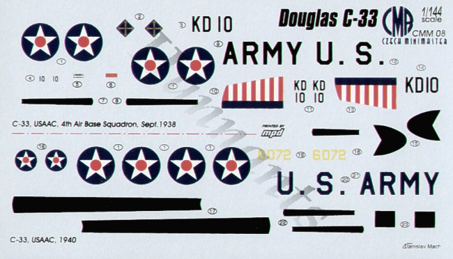 Czech Master Resin CMR144-008 1:144 Douglas C-33 Decals U.S