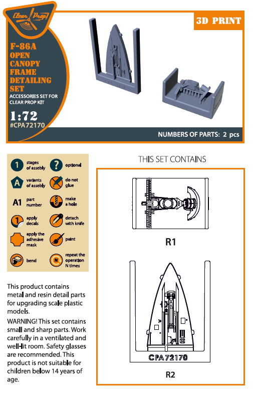 Clear Prop CPA72170 1:72 F-86A Open Canopy Detail Set 3D-Printed