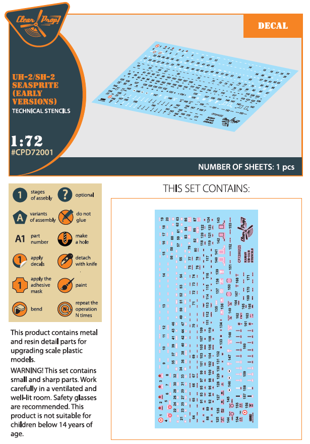 Clear Prop CPD72001 1:72 Kaman UH-2A/B Seasprite stencil decals