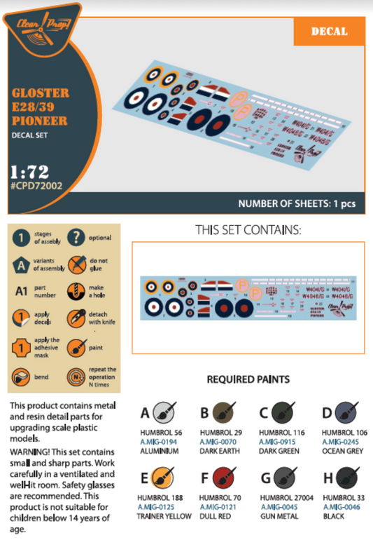 Clear Prop Models CPD72002 1:72 Gloster E28/39 Pioneer decal set.