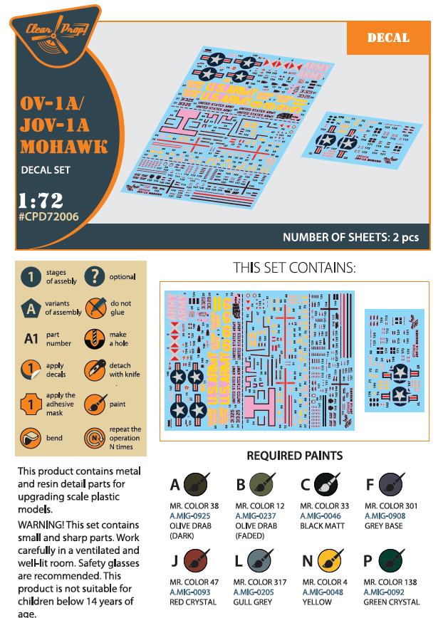 Clear Prop Models CPD72006 1:72 Grumman OV-1A/JOV-1A Mohawk decal set
