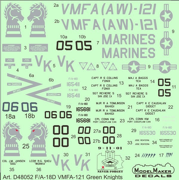 Model Maker Decals D48052 1:48 McDonnell-Douglas F/A-18D VMFA-121 Green Knights
