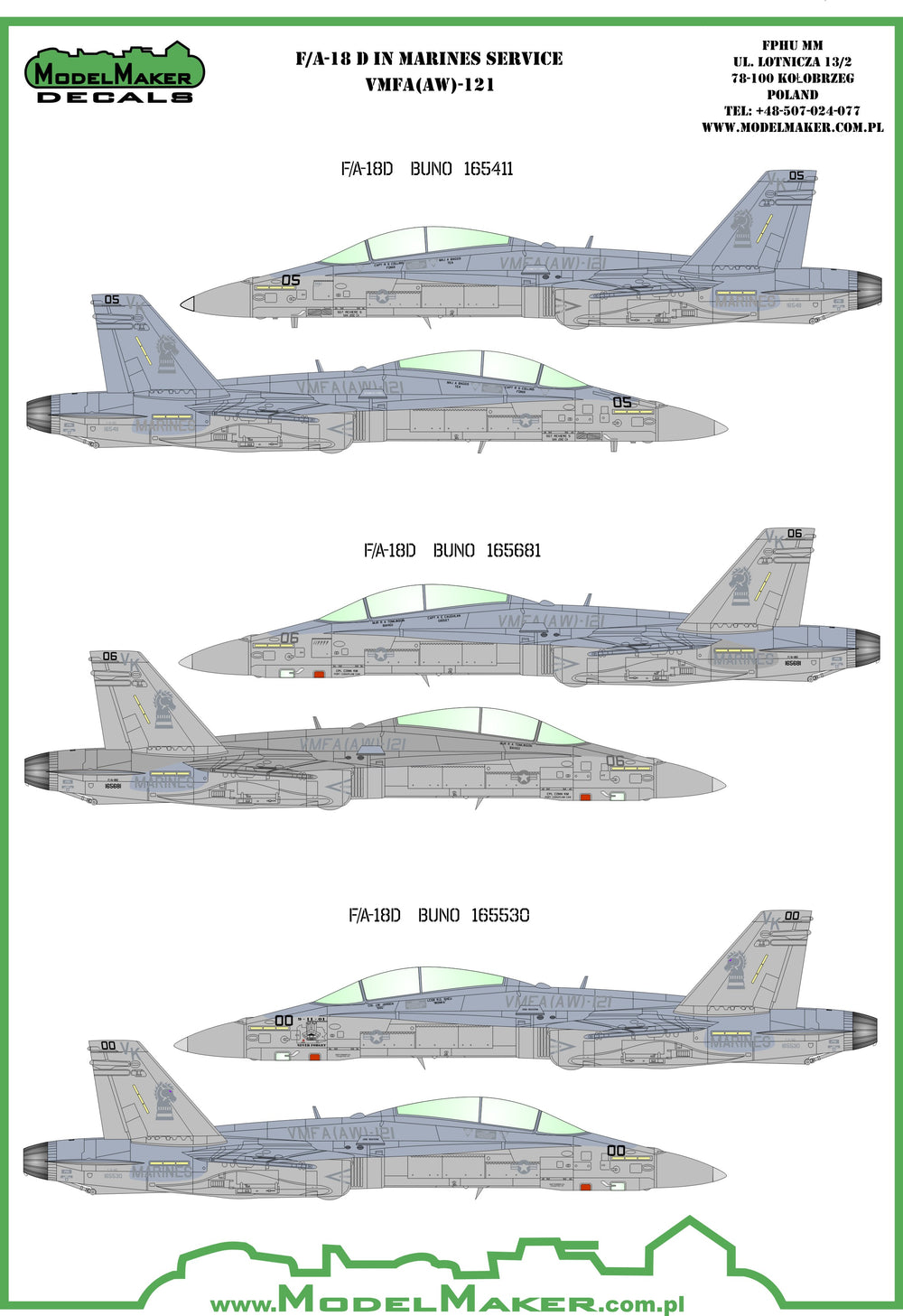Model Maker Decals D48052 1:48 McDonnell-Douglas F/A-18D VMFA-121 Green Knights