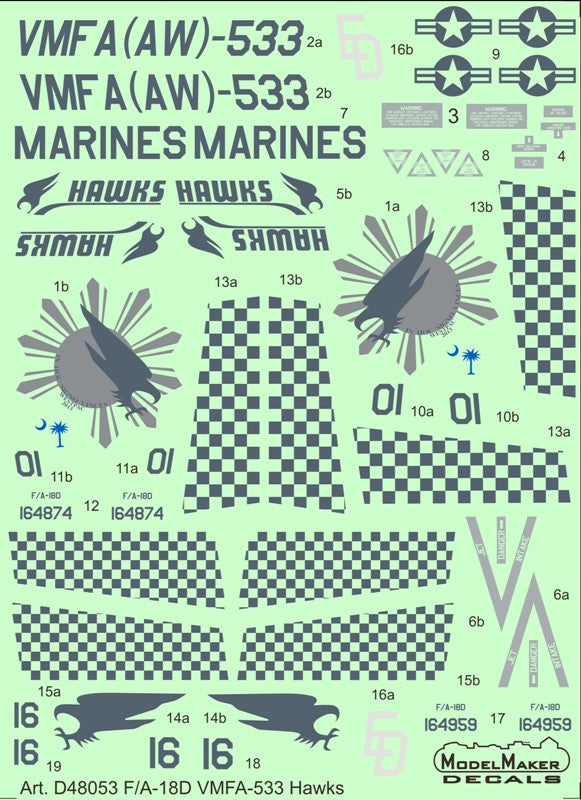 Model Maker Decals D48053 1:48 McDonnell-Douglas F/A-18D VMFA-533 Hawks
