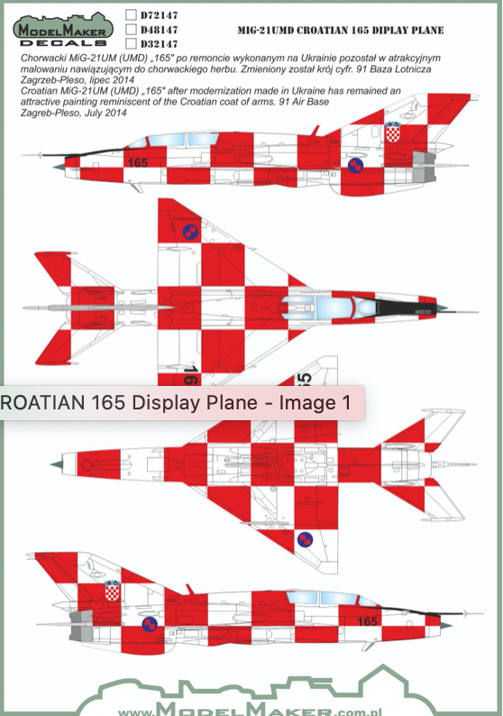 Model Maker Decals D48147 1:48 Mikoyan MiG-21UMD Croatian 165