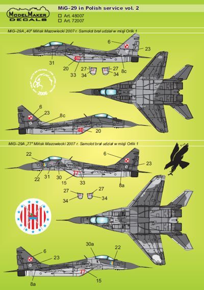 Model Maker Decals D72007 1:72 Mikoyan MiG-29A in Polish service vol.2