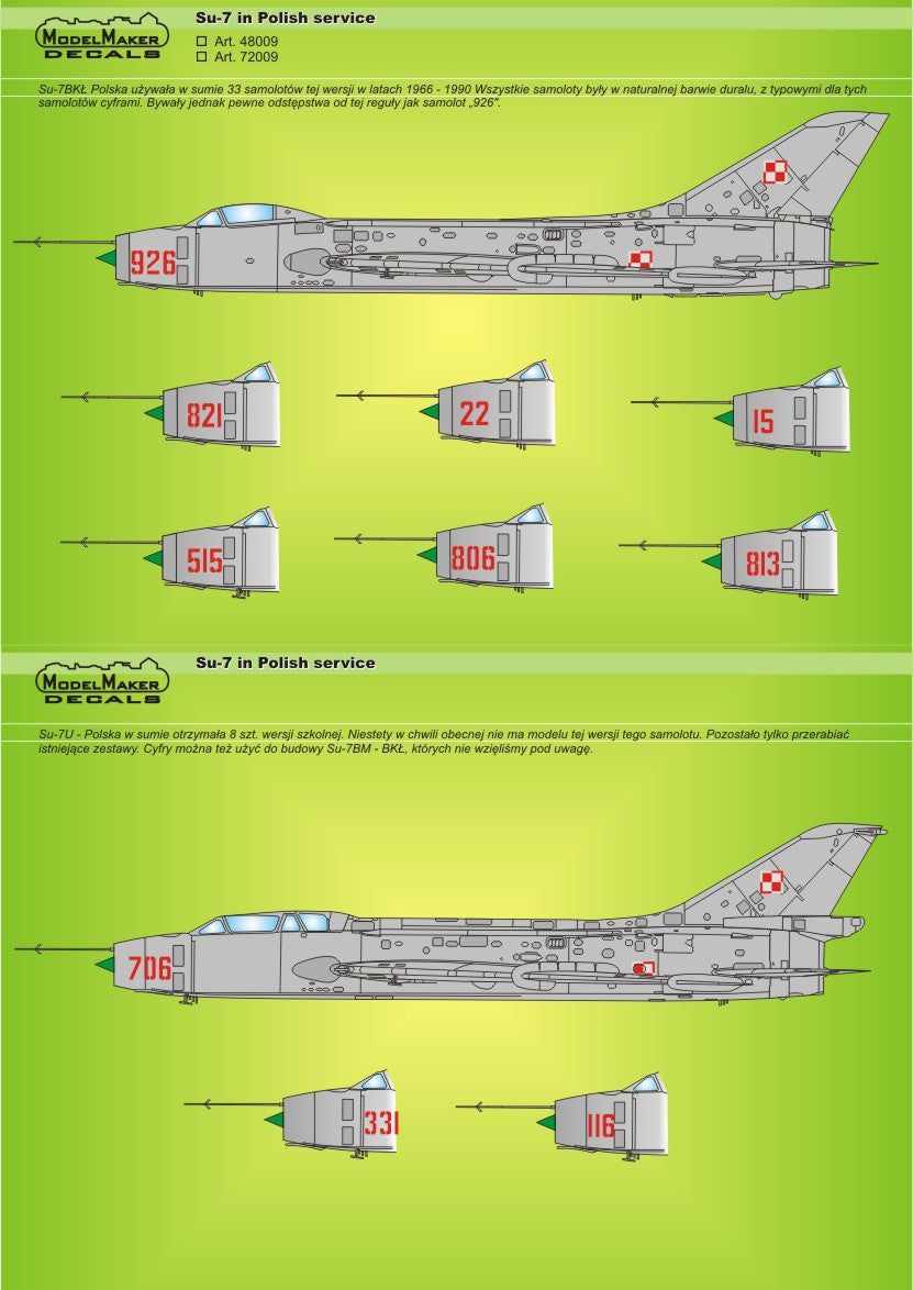 Model Maker Decals D72009A 1:72 Suhkoi Su-7 in Polish service