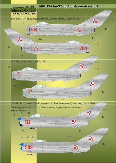 Model Maker Decals D72025 1:72 Mikoyan MiG-17F/Lim-5/6 in Polish service vol.1