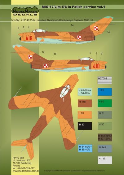Model Maker Decals D72025 1:72 Mikoyan MiG-17F/Lim-5/6 in Polish service vol.1