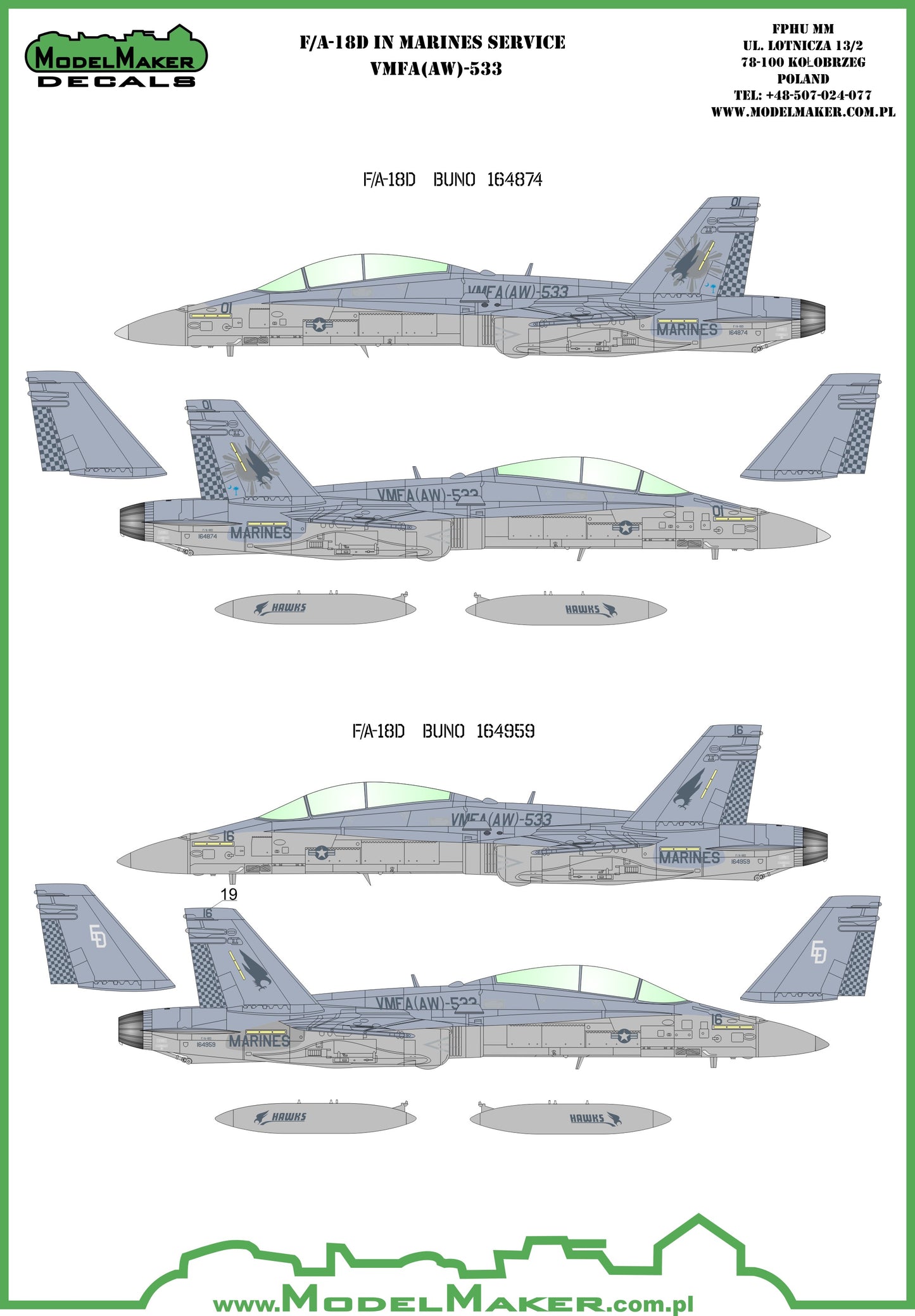 Model Maker Decals D72053 1:72 McDonnell-Douglas F/A-18D VMFA-533 Hawks