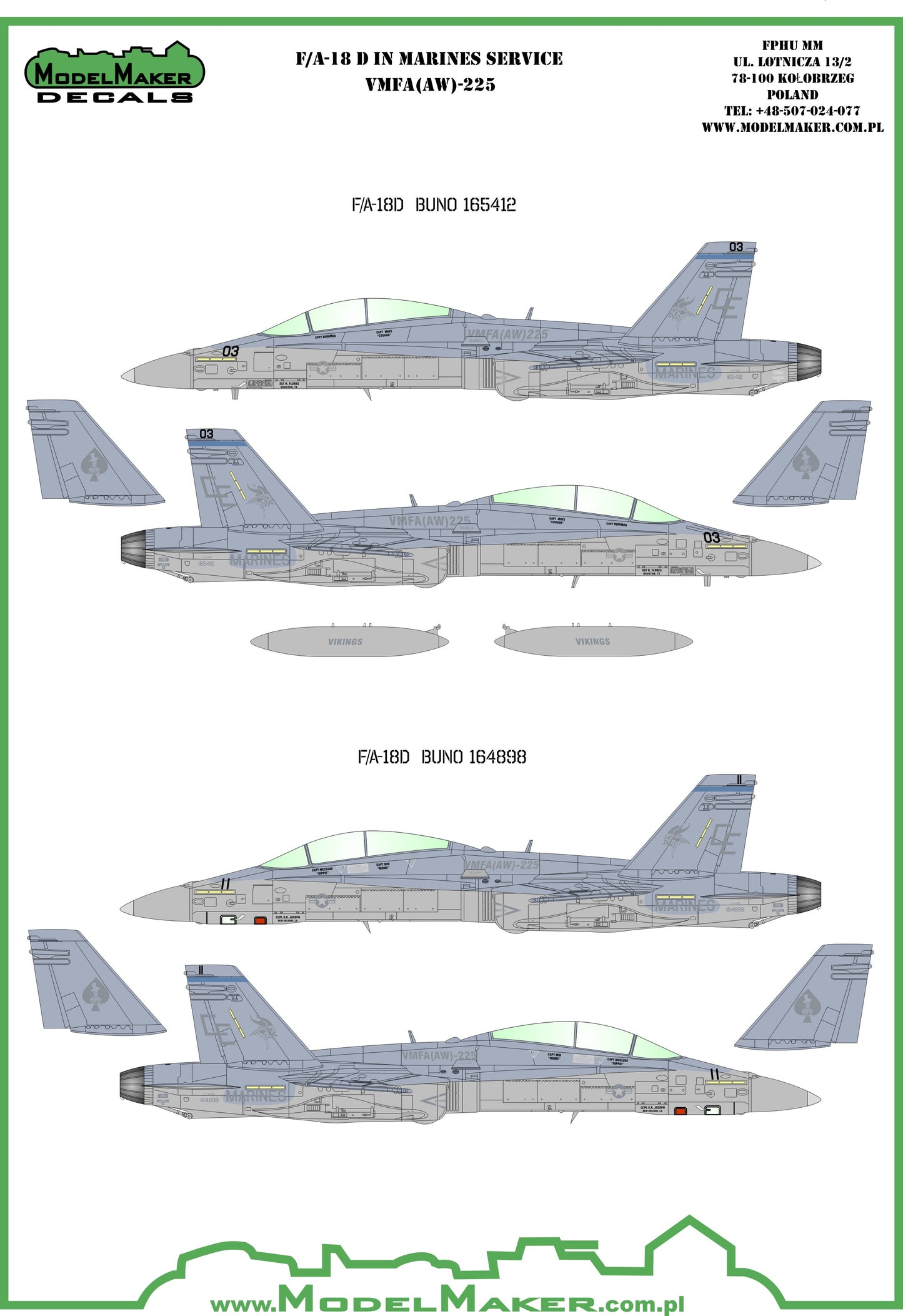Model Maker Decals D72054 1:72 McDonnell-Douglas F/A-18D VMFA-225 Vikings