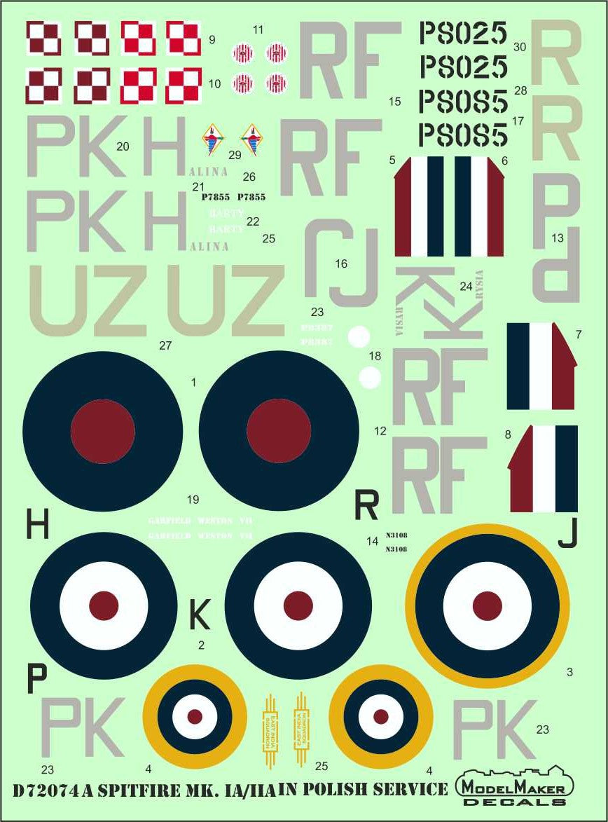 Model Maker Decals D72074A 1:72 Spitfire Mk.I/Mk.II in Polish service