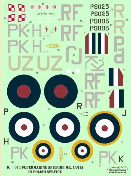 Model Maker Decals D72074A 1:72 Spitfire Mk.I/Mk.II in Polish service