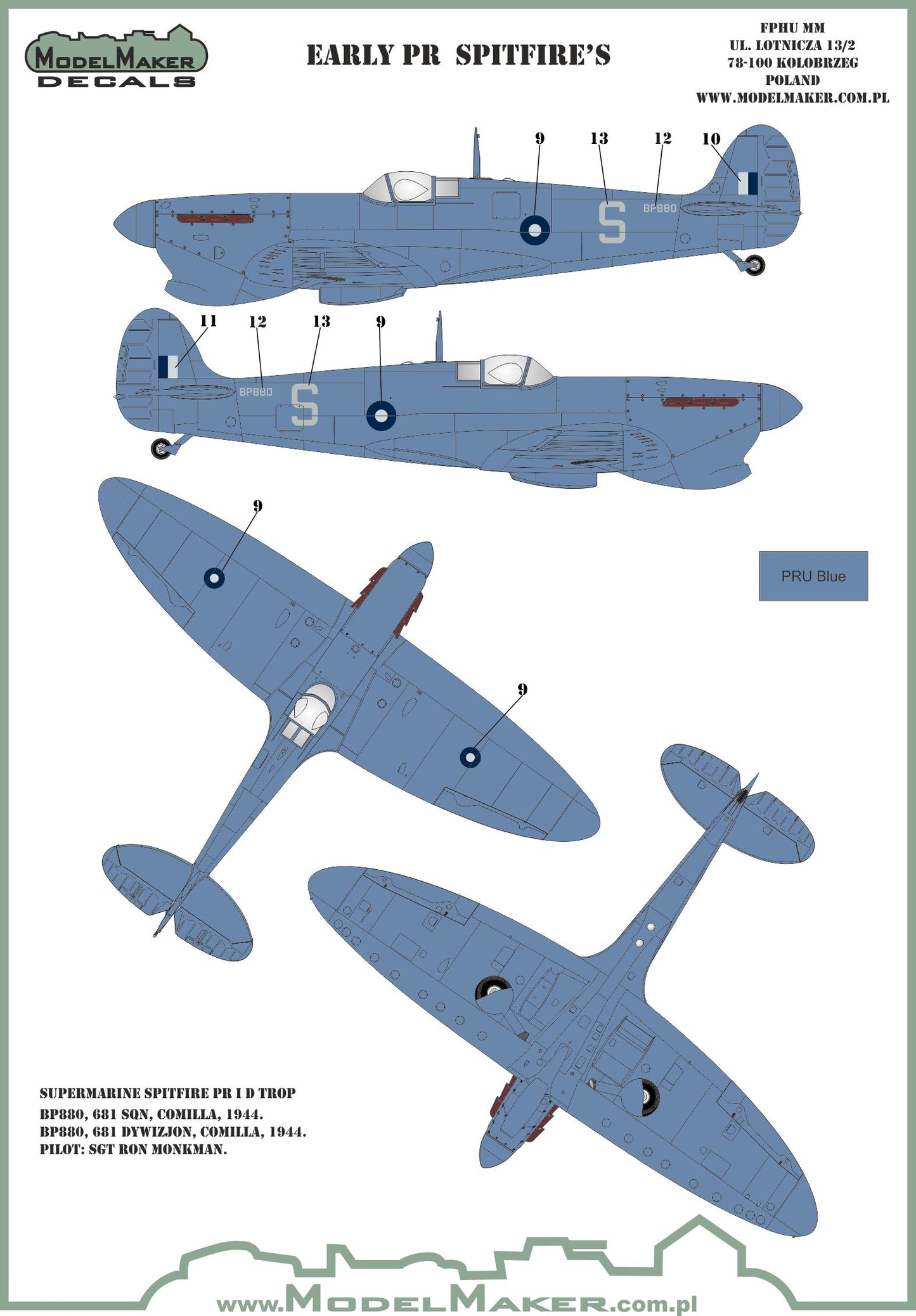 Model Maker D72132 1:72 Early PR Spitfire Mk.ID/Mk.IF Decals