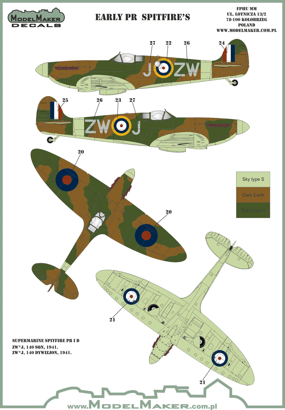 Model Maker D72132 1:72 Early PR Spitfire Mk.ID/Mk.IF Decals