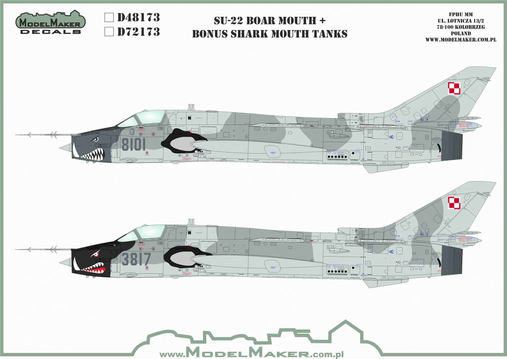 Model Maker Decals D72173 1:72 Sukhoi Su-22 Boar Mouth + bonus shark mouth tanks