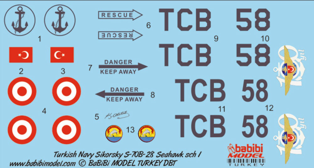 Babibi Models DBT-01209 1:72 Sikorsky S-70 Seahawk Turkish Navy Decal Set