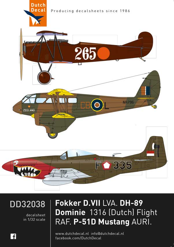 Dutch Decal DD32038 1:32 Fokker D.VII, DH Dominie, P-51D AURI