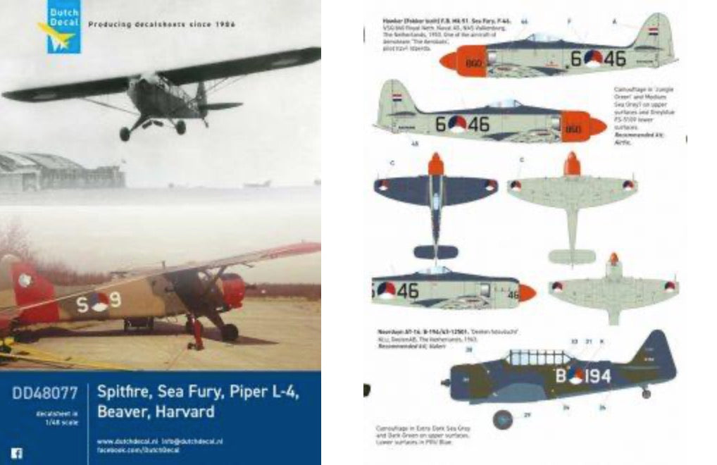 Dutch Decal DD48077 1:48 DHC-2, Spitfire, Harvard, Piper L-4 KLu