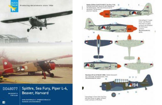 Dutch Decal DD48077 1:48 DHC-2, Spitfire, Harvard, Piper L-4 KLu