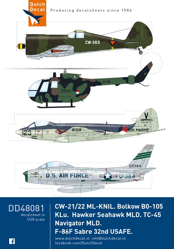 Dutch Decal DD48081 1:48 CW-21/CW-22 ML-KNIL, TC-45, Sea Hawk