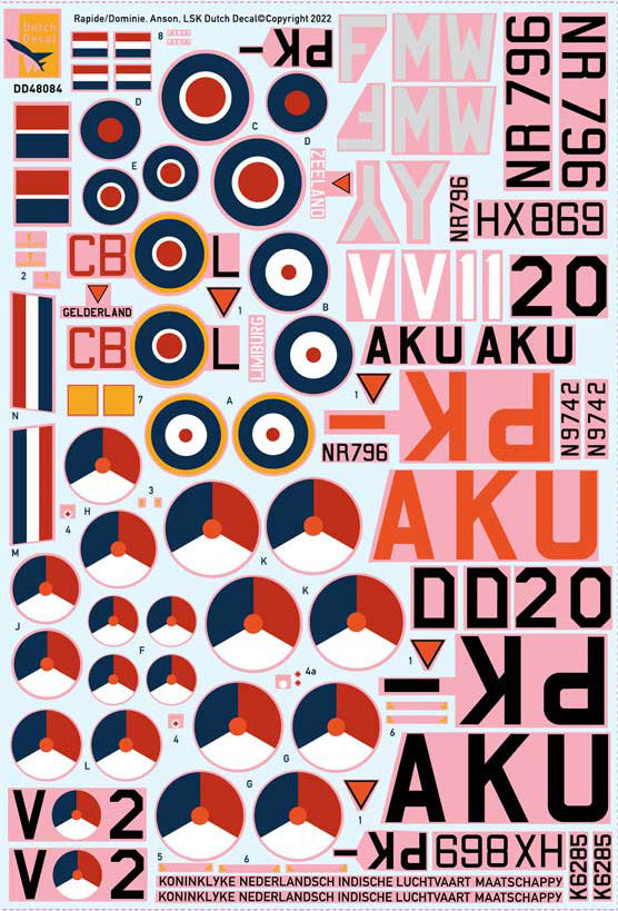 Dutch Decal DD48084 1:48 Avro Anson, de Havilland Rapide / Dominie LSK KNILM