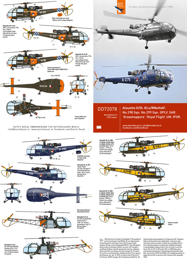 Dutch Decal DD72078 1:72 Sud Aviation Alouette III KLu/RNethAF