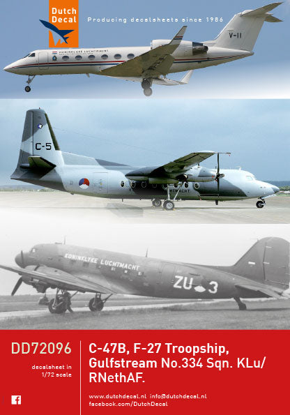 Dutch Decal DD72096 1:72 C-47B, F-27 Troopship, Gulfstream KLu