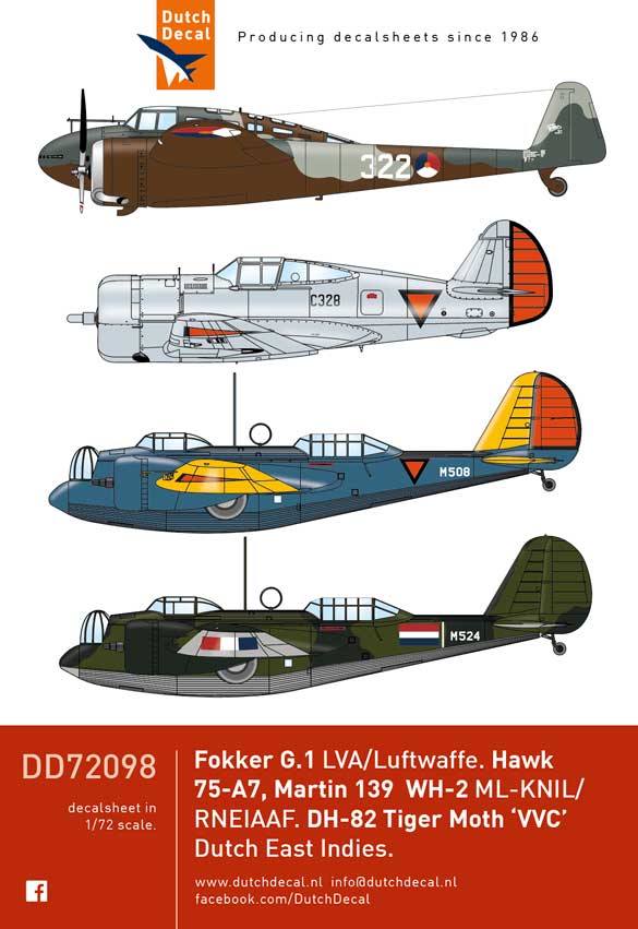 Dutch Decal DD72098 1:72 Fokker G.1, H.75, Martin 139, Tiger Moth