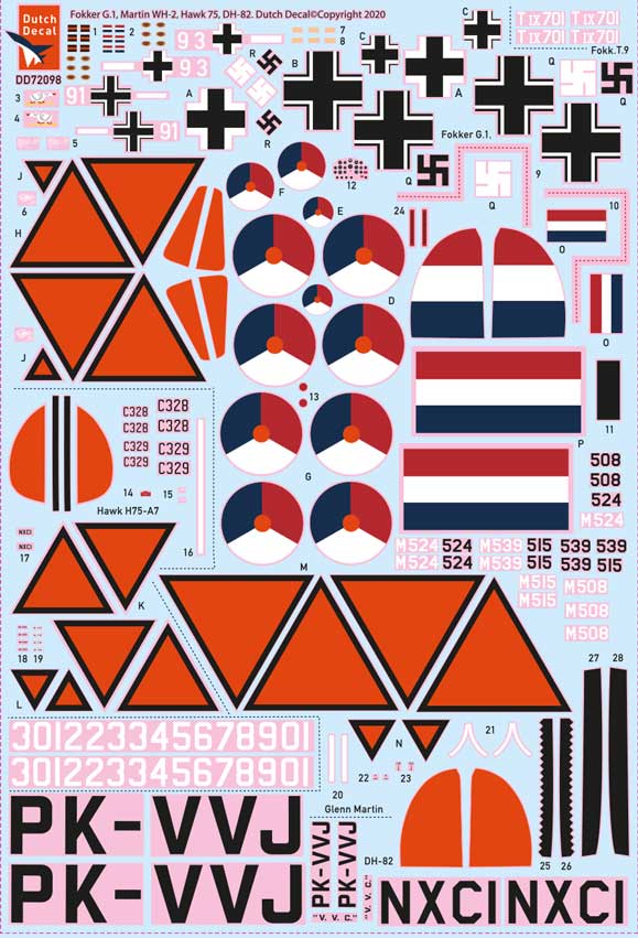 Dutch Decal DD72098 1:72 Fokker G.1, H.75, Martin 139, Tiger Moth
