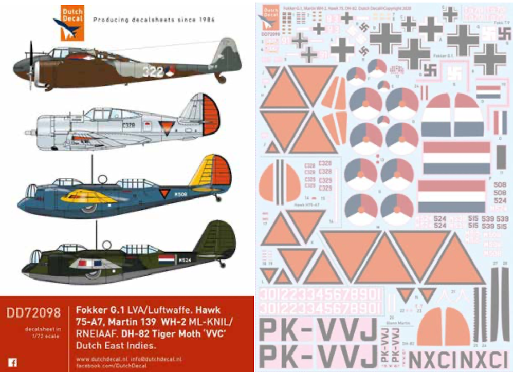 Dutch Decal DD72098 1:72 Fokker G.1, H.75, Martin 139, Tiger Moth