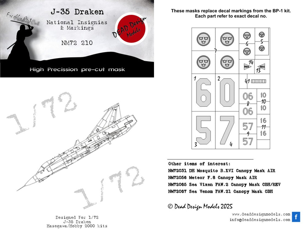 Dead Design Models DDMNM72210 1:72 Saab J-35 Draken National Insignia masks