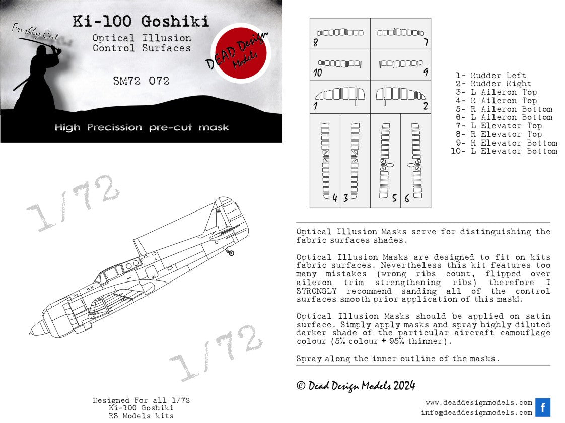 Dead Design DDMSM72072 1:72 Kawasaki Ki-100 3D Effect Control Surface
