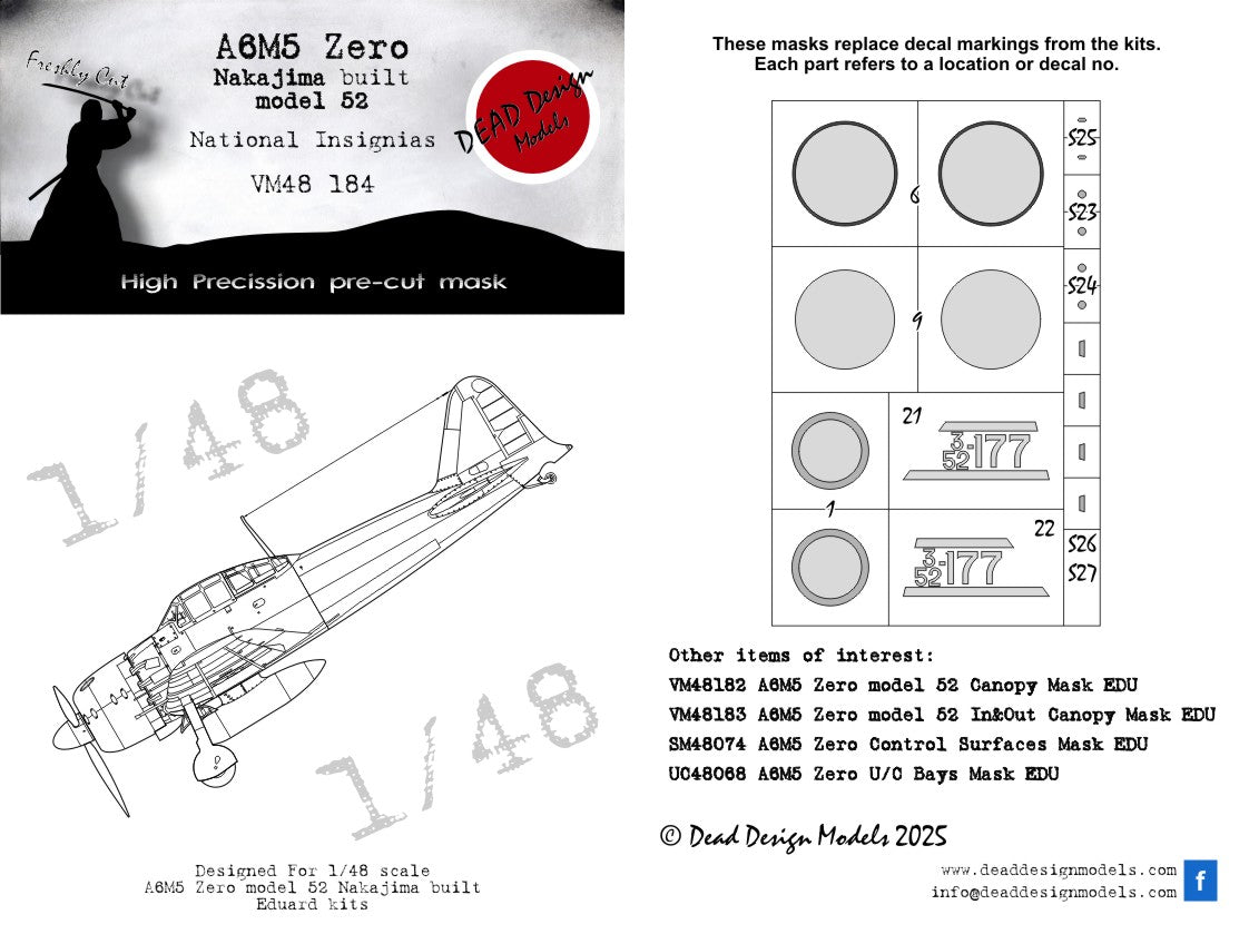 Dead Design DDMVM48184 1:48 A6M5 Model 52 Nakajima Insignia Masks