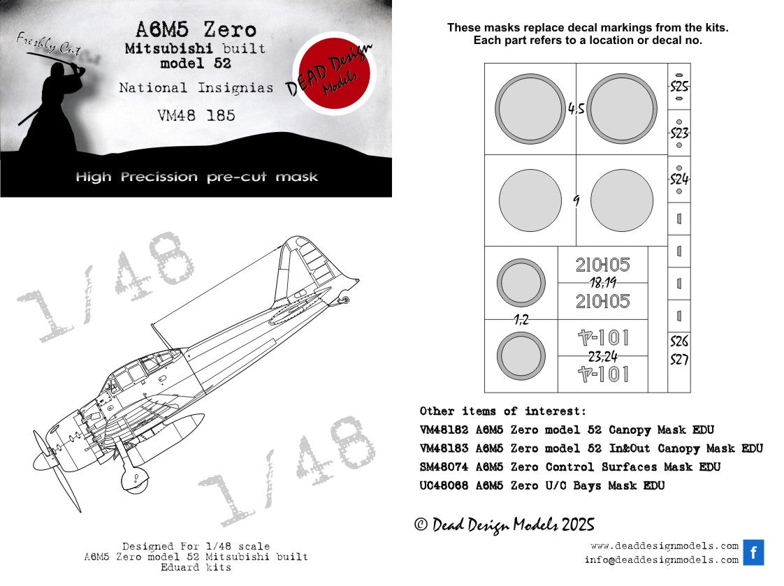 Dead Design DDMVM48185 1:48 A6M5 Model 52 Mitsubishi Insignia Masks