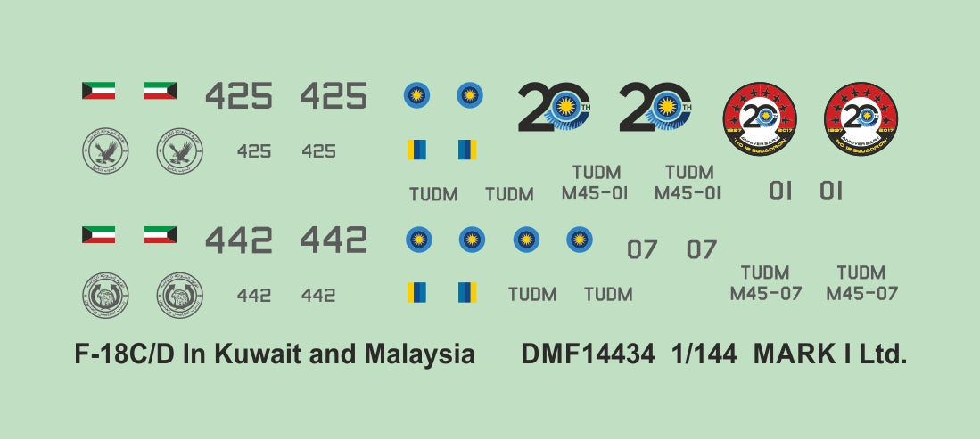 Mark I DMF14434 1:144 F-18C/D Hornet Kuwait & Malaysian AF Decals