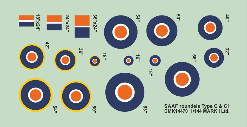 Mark I Decals DMK14470 1:144 South African SAAF roundels Type C, C1, 2 sets
